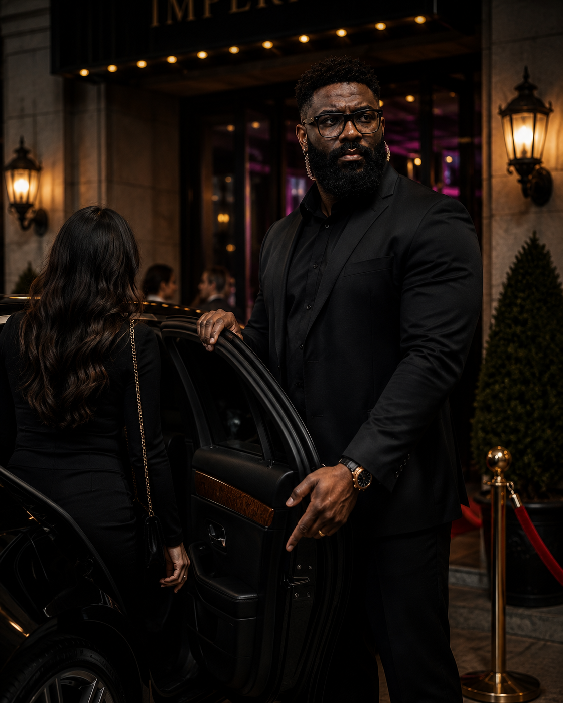 Tall personal protection specialist in a tailored black suit standing in a luxury hotel corridor